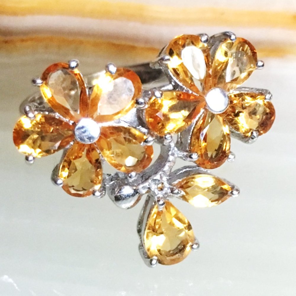 Natural Citrine Flower Ring .925 Sterling Silver Genuine Gemstones November